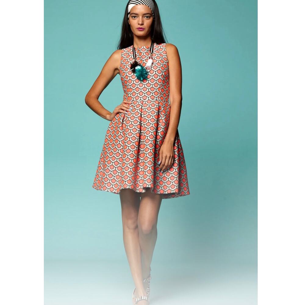 Trina Turk Dolly Jacquard pink Pleated fit flare geo print Mini Dress pockets 0